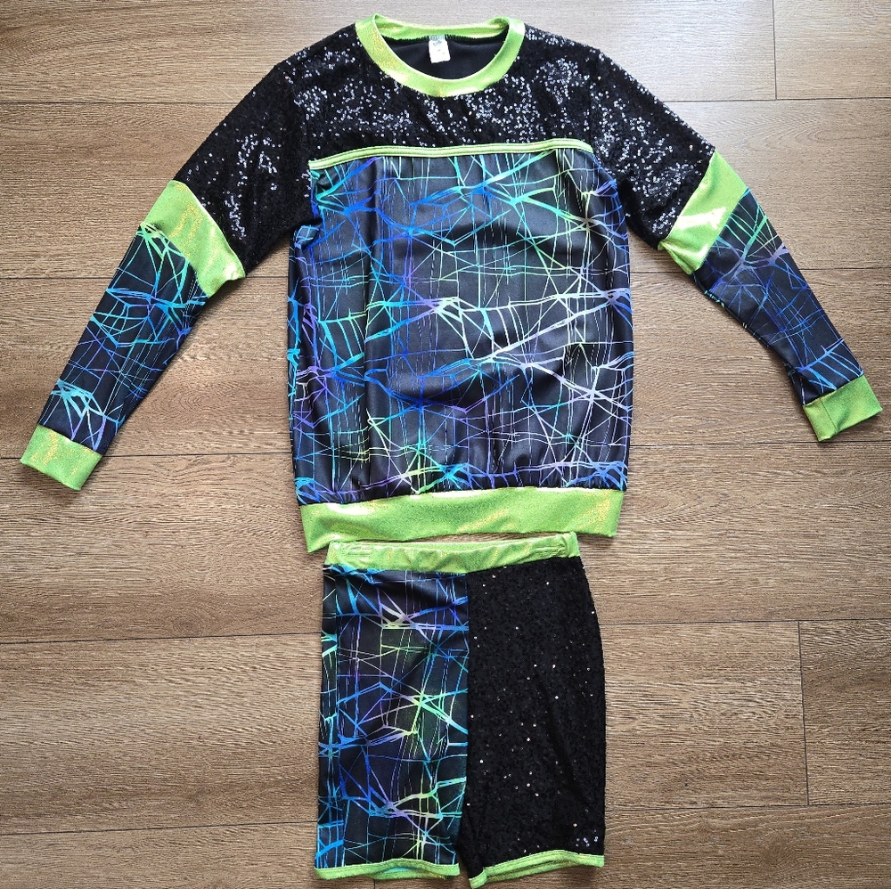 A Wish Come True Adult Hip Hop Dance Costume Set Top Shorts Neon Sequins 80s 90s
